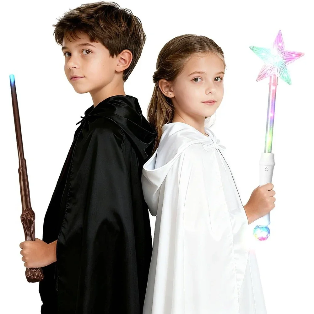 Wizard Fairy Toy Wand Set Reversible‎ Black White Cloak Light Sound Effects 3Pcs